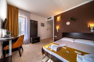 沃迪切Hotel Nikola的配有一张床和一张书桌的酒店客房