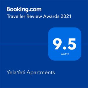 YelaYeti Apartments的证书、奖牌、标识或其他文件