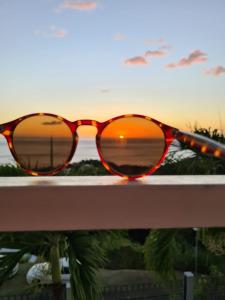 波尔兰特PARADIS AU SOLEIL, vue panoramique sur mer的太阳镜坐在栏杆上,伴着日落
