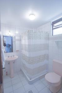 苏克雷西班牙旅舍的带淋浴、卫生间和盥洗盆的浴室