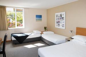 梅斯文梅斯文度假村的酒店客房设有两张床和窗户。