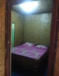 茂物De Salak Homestay的一间卧室配有一张带紫色床单和镜子的床