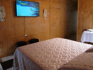 奇廉Cabañas Lemupewen Chillán 1的卧室配有一张床,墙上配有电视。