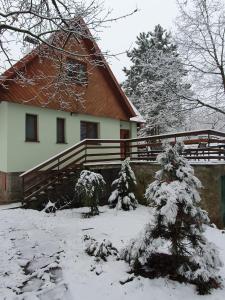 莫德拉Zelený dom的前面有雪覆盖的树木的房子