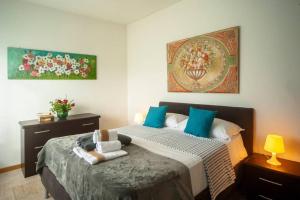 马罗内Casa Rodella的一间卧室配有一张带蓝色枕头的大床