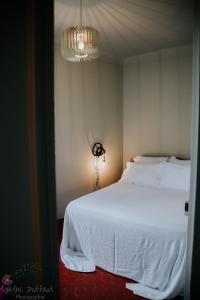 Le Bar-sur-LoupHôtel particulier des Jasmins的卧室配有白色的床和吊灯。
