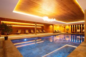 修希施瓦泽阿德勒酒店的一个带木制天花板的大型游泳池