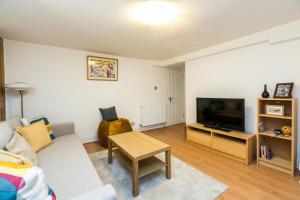 伦敦NEW Stylish 1 Bedroom Flat with Garden London的带沙发和平面电视的客厅