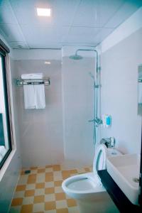萨帕Hung Vuong hotel的带淋浴、卫生间和盥洗盆的浴室