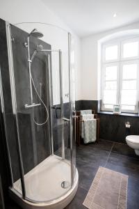 布里隆anno1849的带淋浴、卫生间和盥洗盆的浴室