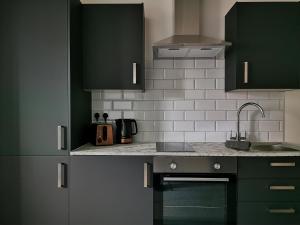 纽波特Eveswell Studios的厨房配有绿色橱柜和水槽