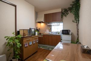 日光Garden Nikko Guest House的厨房配有木制橱柜和木桌。