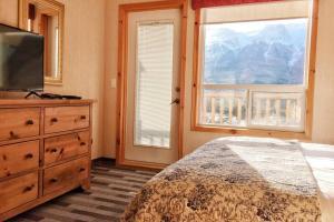 坎莫尔MountainView -PrivateChalet Sleep7- 5min to DT Vacation Home的一间卧室配有一张床、一台电视和一个窗口