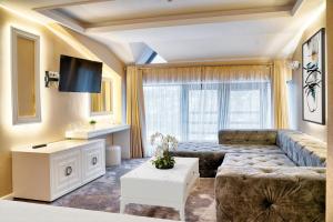 大特尔诺沃Tsarevets Design and Spa的带沙发和电视的客厅
