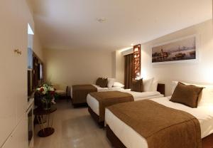 伊斯坦布尔伊斯坦布尔胜利酒店及水疗中心的酒店客房,设有两张床和一张沙发