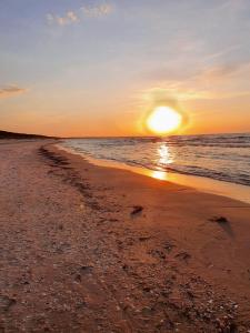斯蒂格纳APARTAMENTY NADMORSKIE STEGNA BALTIC PARK的日落在海滩上与大海