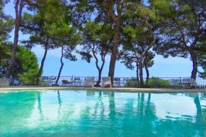 阿菲托斯Evripidis Hotel的一座树木环绕的游泳池