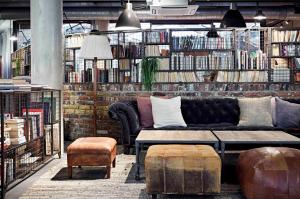 伦敦肖尔迪奇霍克斯顿酒店的带沙发和书架的客厅