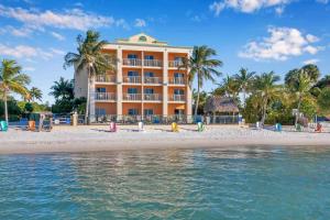 皮尔斯堡Hutchinson Island Hotel的棕榈树和水的海滩上酒店