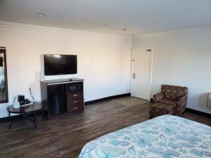 亨廷顿海滩海洋冲浪套房酒店的一间卧室配有一张床、一台电视和一把椅子