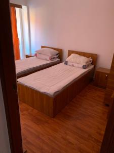 TituHOTEL modern / Imobiliare Garcea Titu的铺有木地板的小客房内的两张床