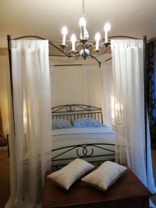鲁汶德帕斯托里酒店的一间卧室配有一张带白色窗帘和吊灯的床。