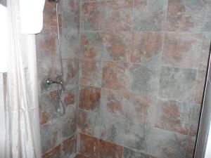 MadrigalejoHostal Via Del Caminante的一间带淋浴的浴室和瓷砖墙