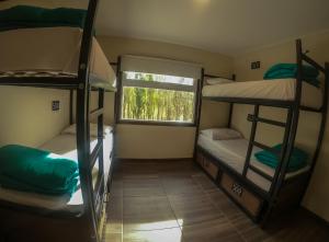 埃尔卡拉法特Folk Hostel的客房设有三张双层床和一扇窗户。