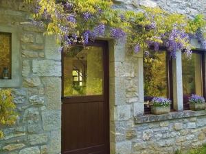 希迈Quaint Holiday Home in Robechies amid Meadows的石头房子,有一扇门,上面有紫色的花朵
