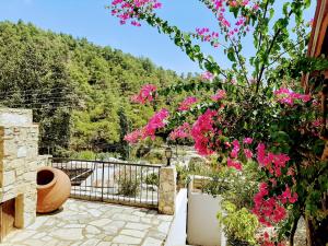 Apsiou蓝色度假屋的一座种有粉红色花卉和围栏的花园