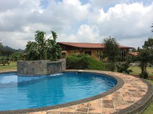 XicoCabanas la Chicharra的庭院内的游泳池,后面有房子