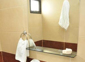 马德普拉塔BALOO Hotel的一间带镜子、卫生间和毛巾的浴室