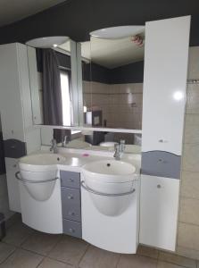 讷沙托Gîte Les Framboisiers的一间带水槽、卫生间和镜子的浴室