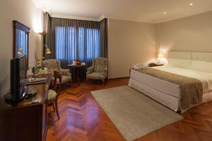 马德里唐皮奥酒店的一间卧室配有一张床、一张书桌和一台电视。
