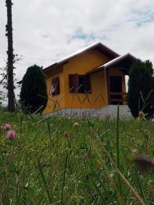 邦雷蒂鲁Cabana Caminho das Borboletas的草场上的一个小黄房子