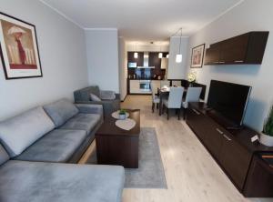科沃布热格Apartament przy hotelu Aquarius的带沙发的客厅和用餐室