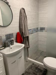 斯利文Апартамент Сливен的浴室设有白色水槽和镜子