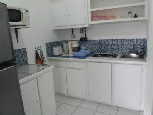 卡斯特里埃斯波尔公寓的白色的厨房配有白色的橱柜和微波炉