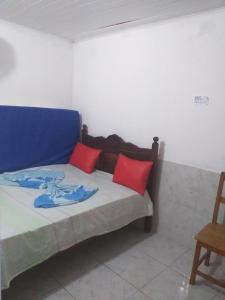 甘博阿Casa em Gamboa的一张带红色和蓝色枕头的床