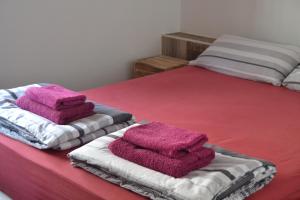 马斯帕洛马斯Maspalomas Experience Holiday House的两张床,上面有粉红色的毛巾