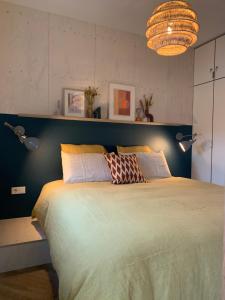 米茨兰WAD NOU Terschelling heerlijk duurzaam chalet!的一间卧室配有一张大床和蓝色床头板
