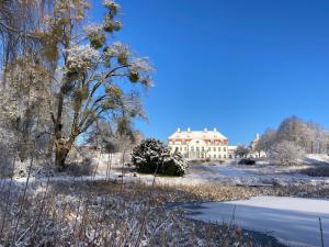 VietgestSchloß Vietgest的冬天的大白房子,下雪