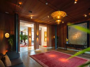 厄茂Schloss Elmau Luxury Spa Retreat & Cultural Hideaway的一间带地毯和吊灯的客厅