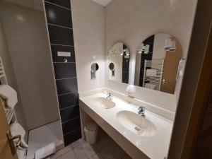 米拉HOSTELLERIE du CANTAL的浴室设有2个水槽和镜子