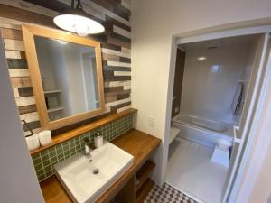 富士河口湖Stella House Gemini ステラハウス ジェミニ的浴室配有盥洗盆、镜子和浴缸