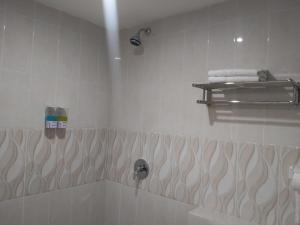 帕卢GRANADA INN PALU的浴室配有浴缸、毛巾和淋浴