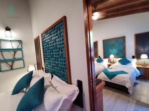 福拉杜岛Village Hideaways & Spas的一间卧室配有两张床和镜子