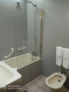 布拉加森霍拉布兰卡酒店的带淋浴、卫生间和盥洗盆的浴室
