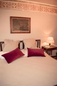 卢卡Il Carmine Charme & Terrace with AC的一间卧室配有一张带两个红色枕头的床