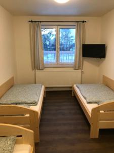 Ostrov nad OslavouPenzion Alvarez的带窗户的客房内的两张床